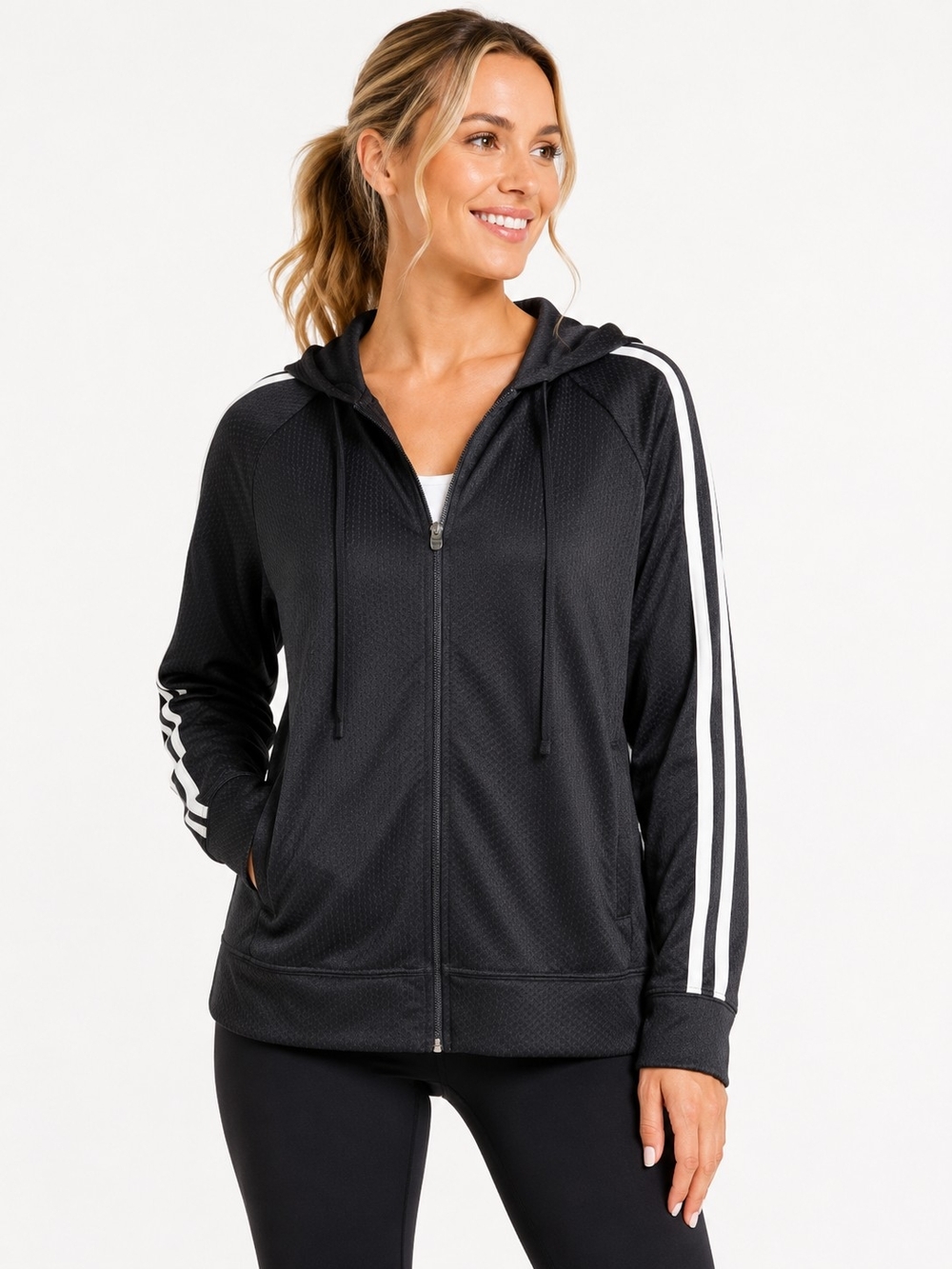 Prospirit Black Zip-Front Hooded Track Jacket with White Stripes NWT
